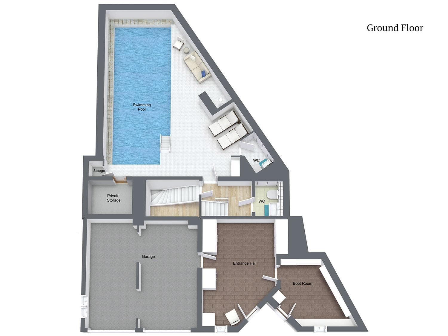 Ground floor plan: indoor swimming pool, garage, entrance hall, and boot room