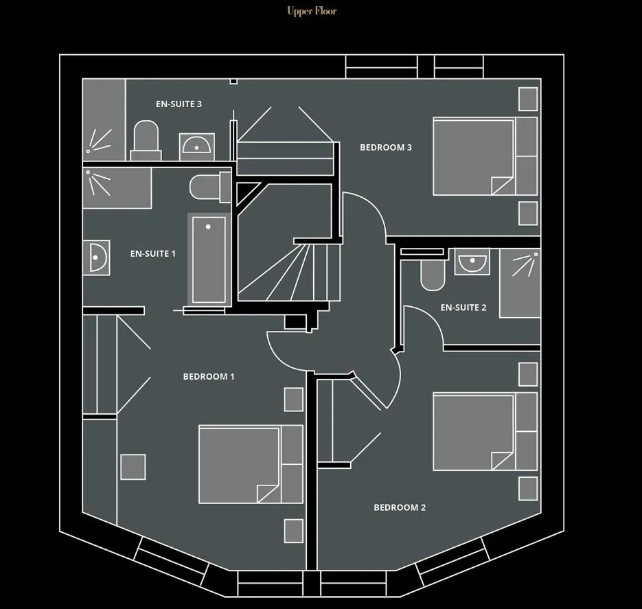 Upper floor plan with three en-suite bedrooms, including one bathroom with a bath and shower