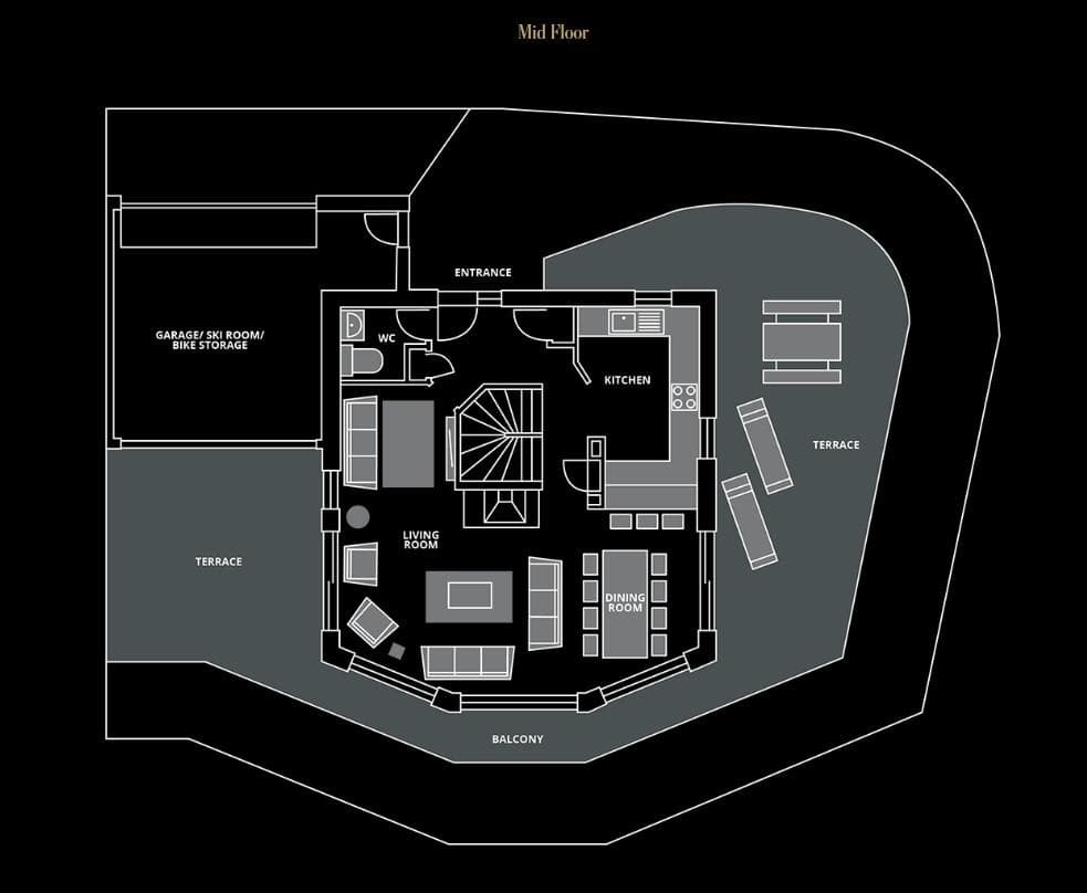 Mid floor plan: open living area, kitchen, ski storage, and large outdoor terrace