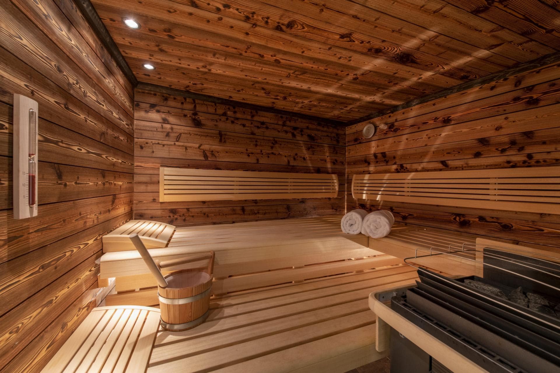 Private cedar sauna with tiered seating and electric heater