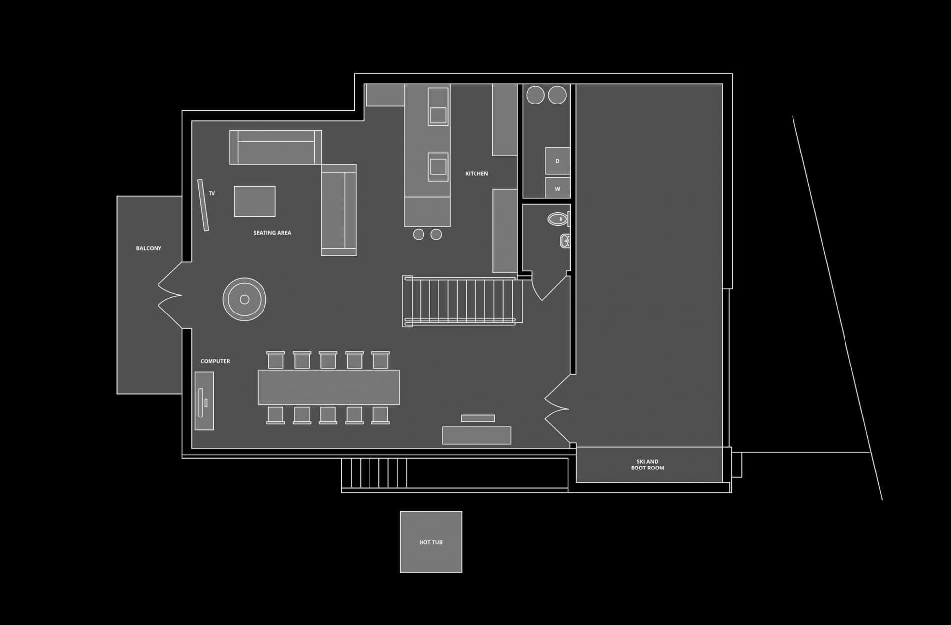 Entrance-level floor plan with open-plan living, dining and kitchen area, balcony, hot tub and ski storage