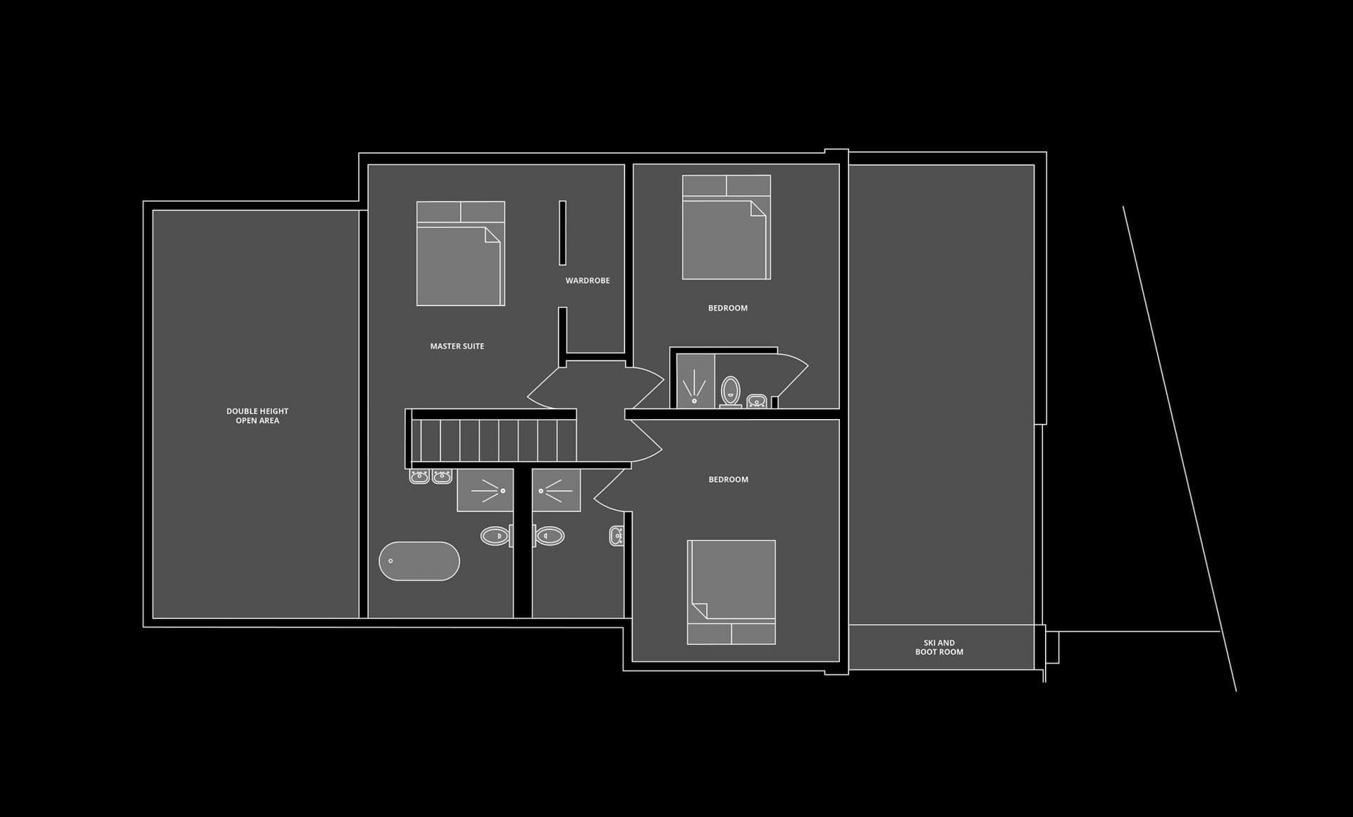 Floor plan: master suite, two bedrooms, three bathrooms, and ski storage area