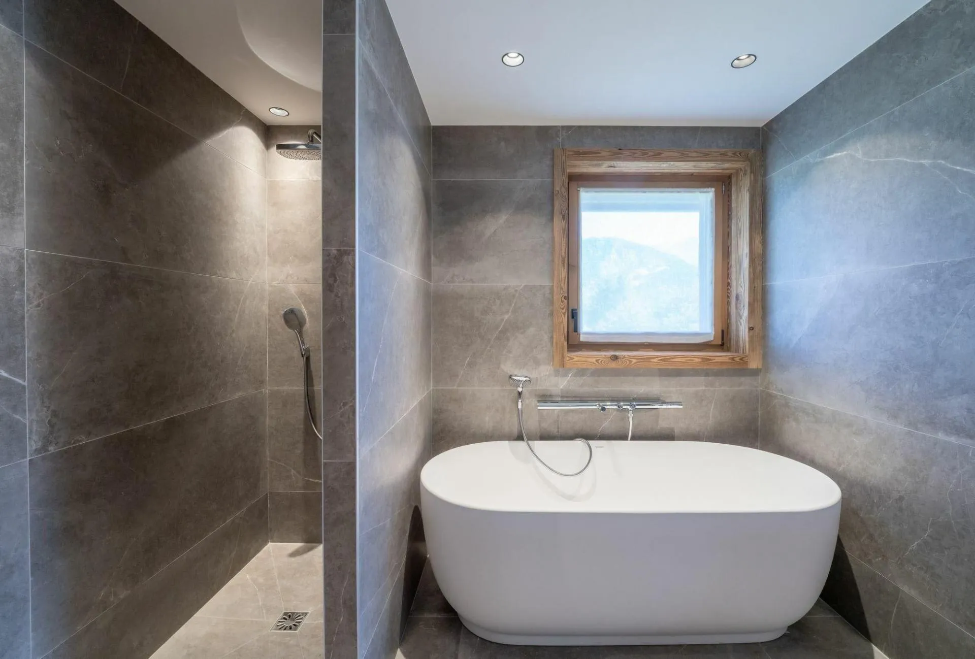 Freestanding bathtub in a bathroom