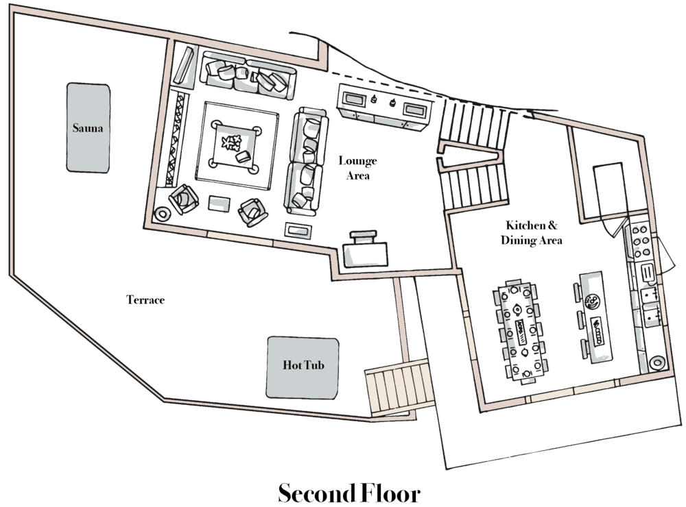 Second floor plan with dining for 10 and terrace featuring sauna and hot tub