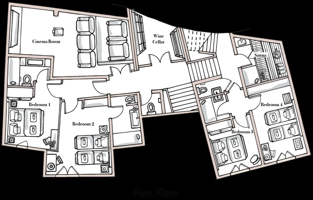 First-floor plan with four bedrooms, cinema room, wine cellar and indoor sauna
