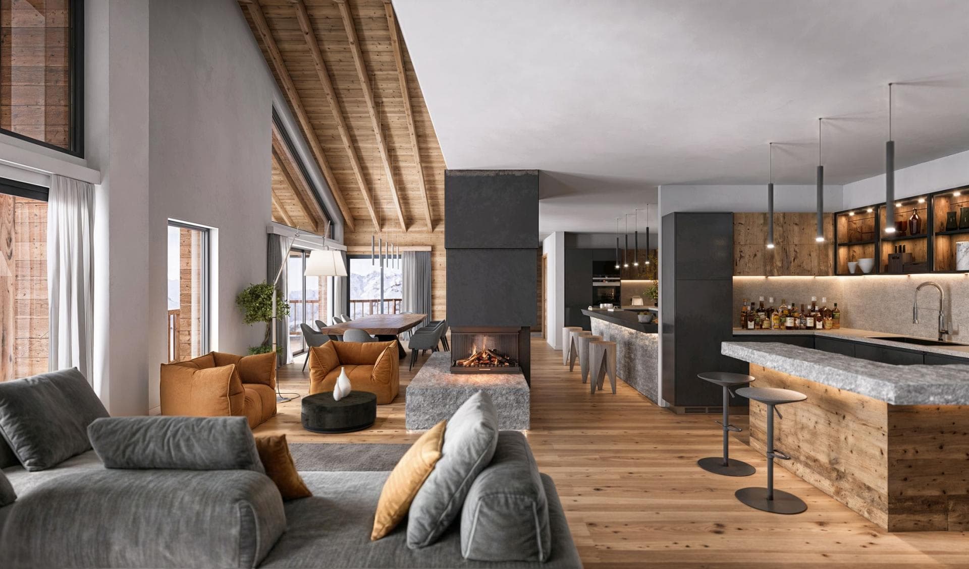 Open-plan living area featuring dual-sided fireplace and wet bar seating