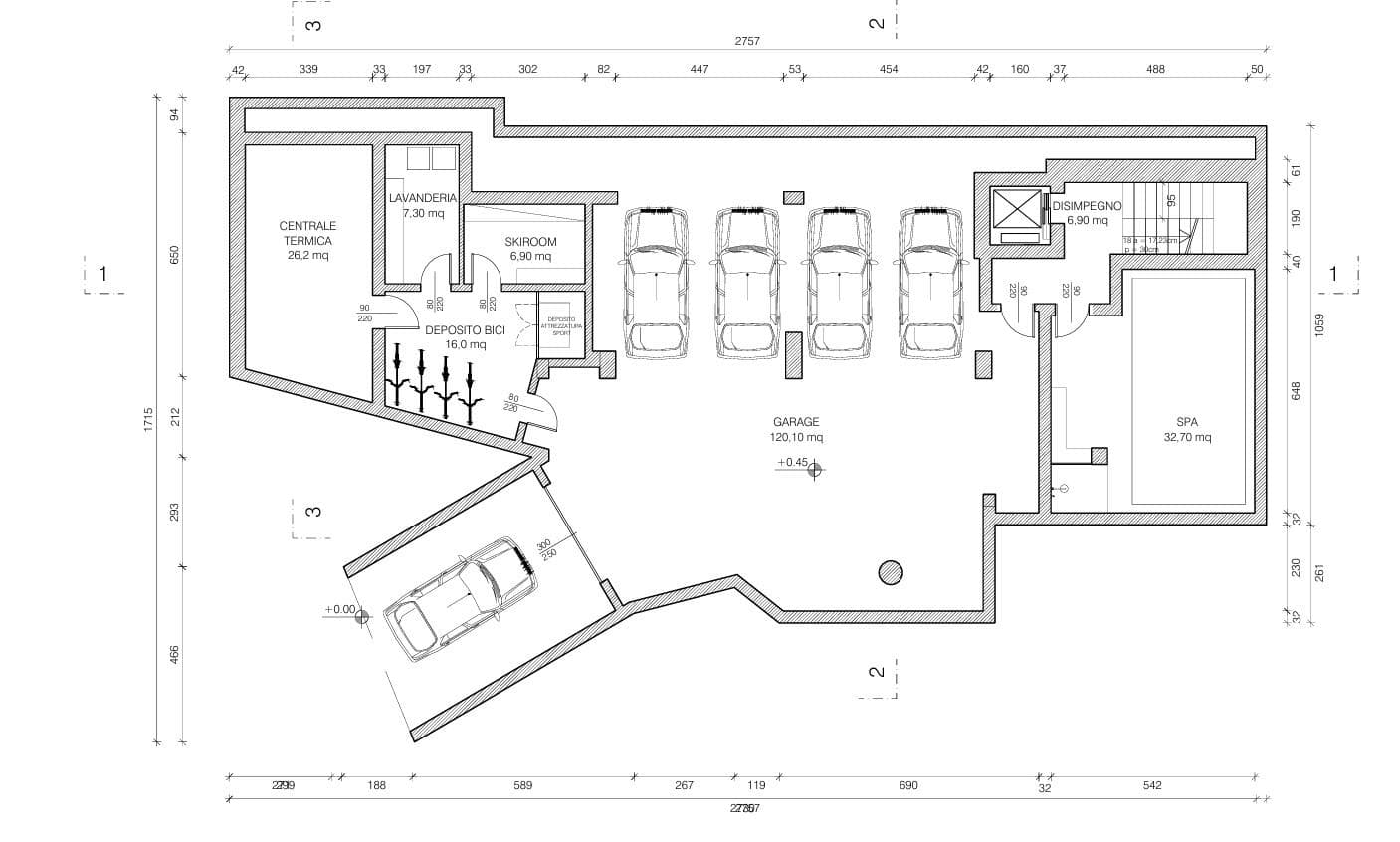 Lower level floor plan: five-car garage, spa, ski room, and laundry