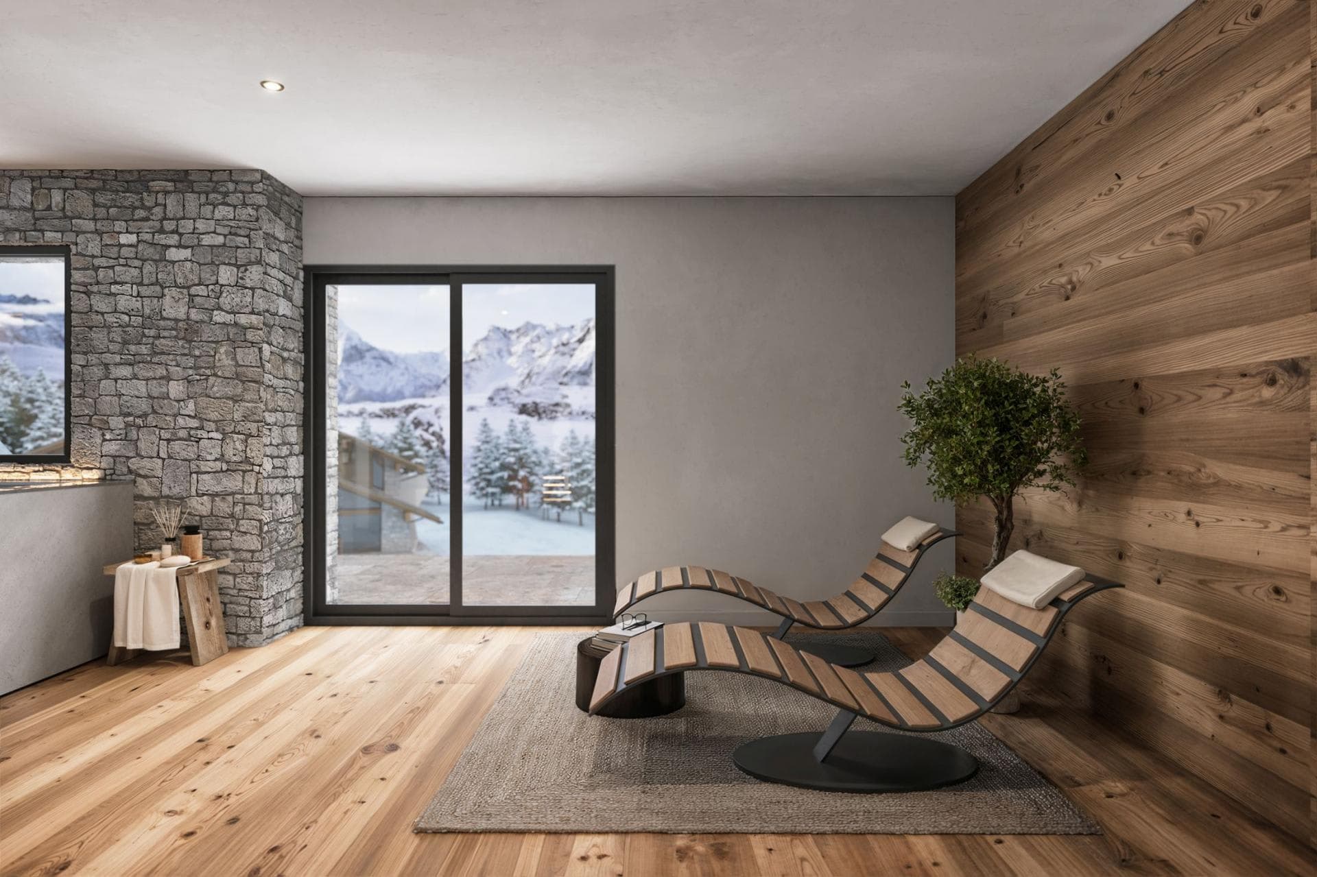 Spa lounge with ergonomic reclining chairs and alpine mountain views