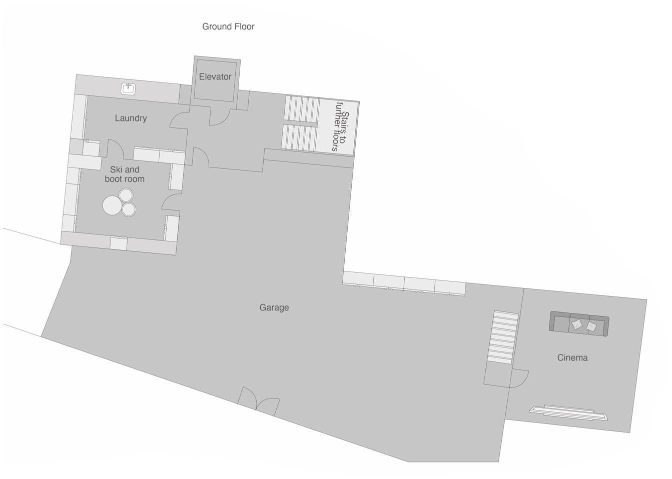 Ground floor plan: garage, cinema, elevator, laundry, and ski and boot room