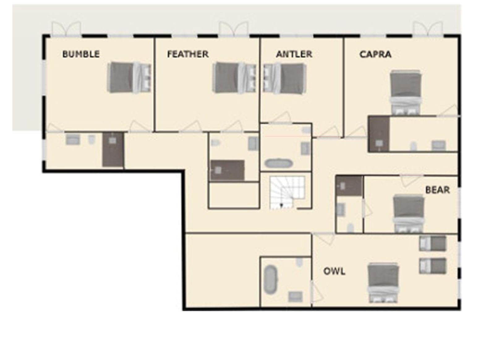 Floor plan: six ensuite bedrooms with varying bed configurations and central staircase
