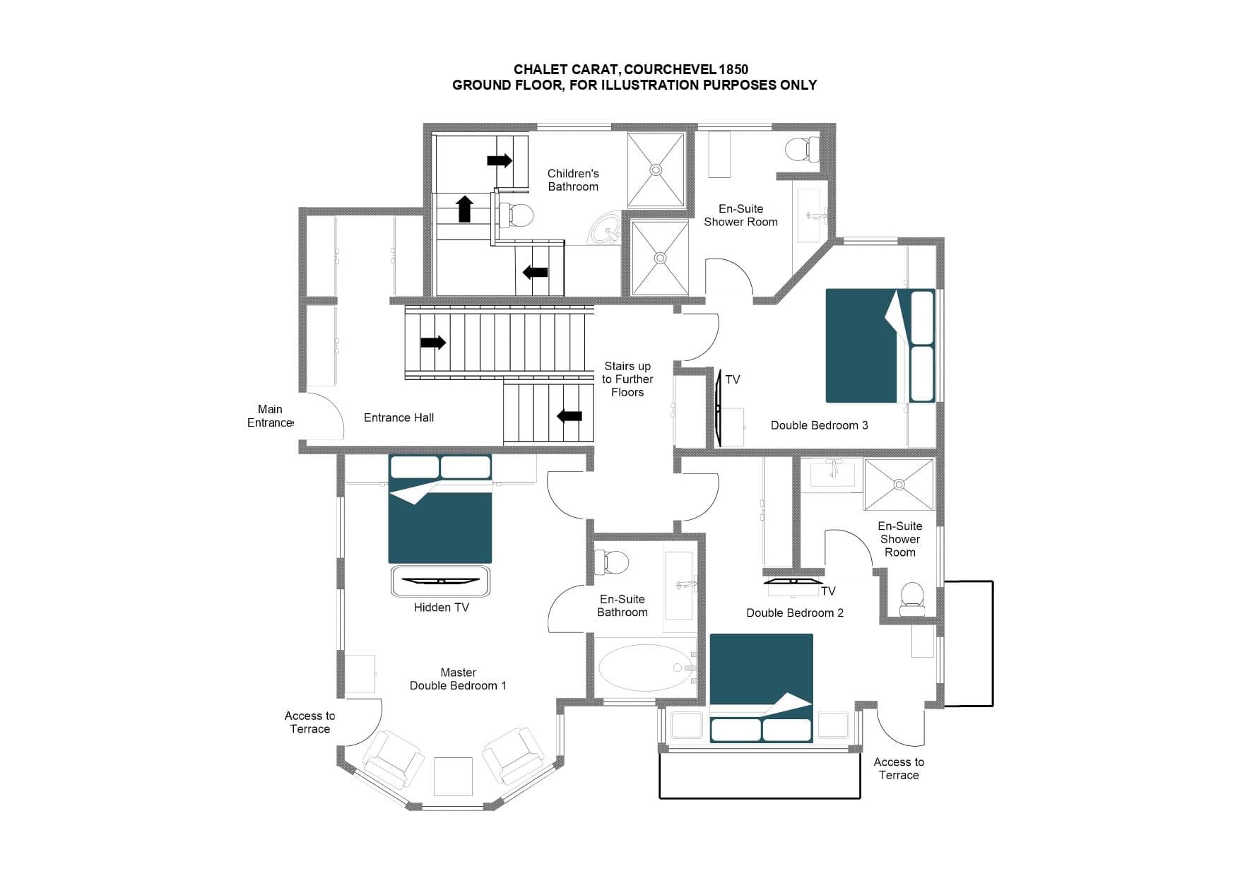 Ground floor plan: three en-suite double bedrooms, terrace access, and children's bathroom