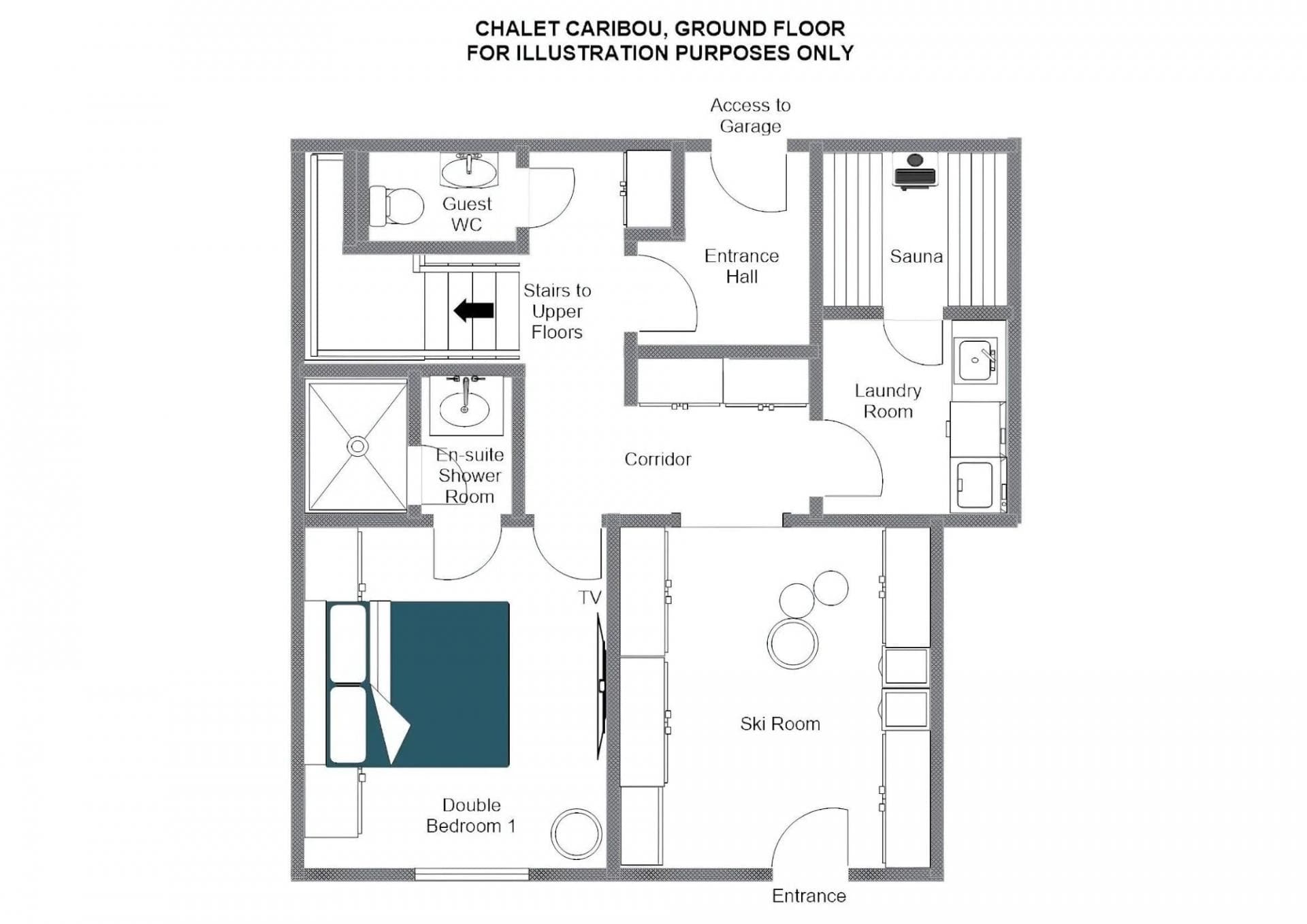 Ground floor plan: ski room, sauna, laundry, and en-suite double bedroom