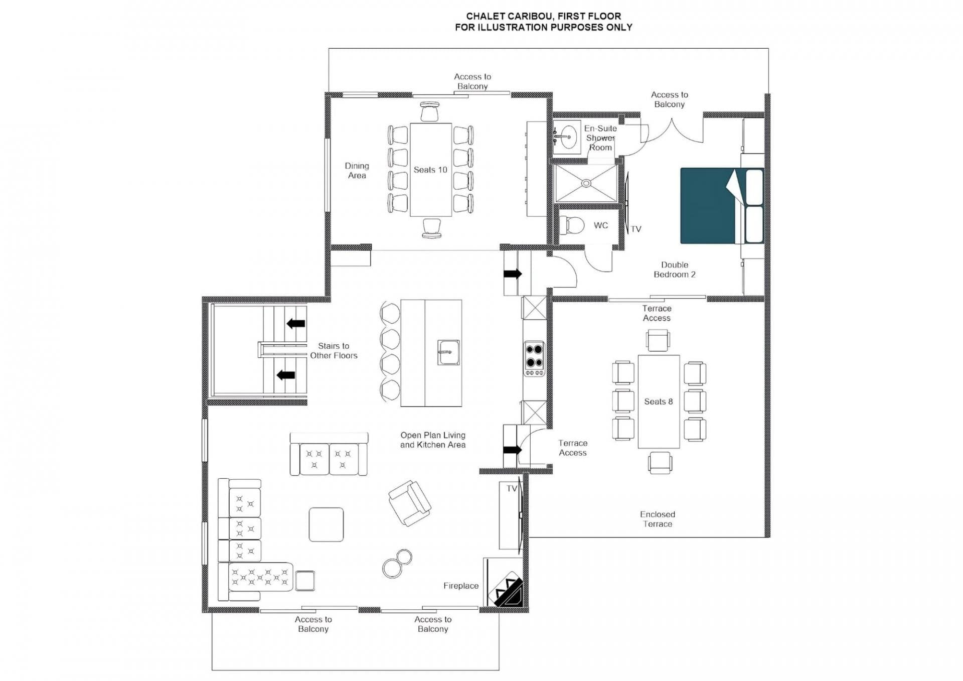 First floor layout: open-plan living, en-suite bedroom, and terrace seating for 8