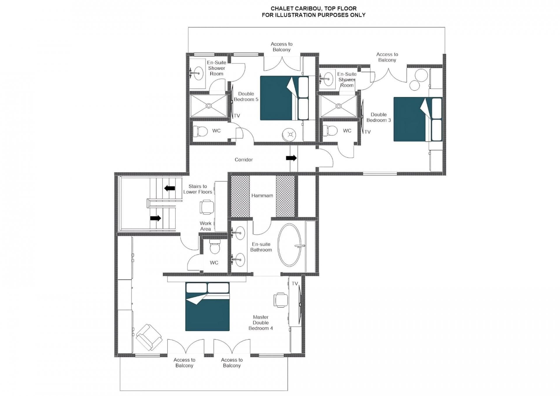 Top floor layout: three ensuite bedrooms with balcony access, hammam, and work area