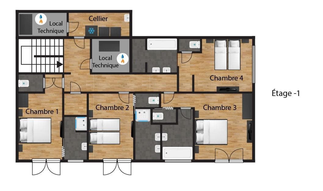 Lower ground floor plan: four ensuite bedrooms and laundry storage rooms