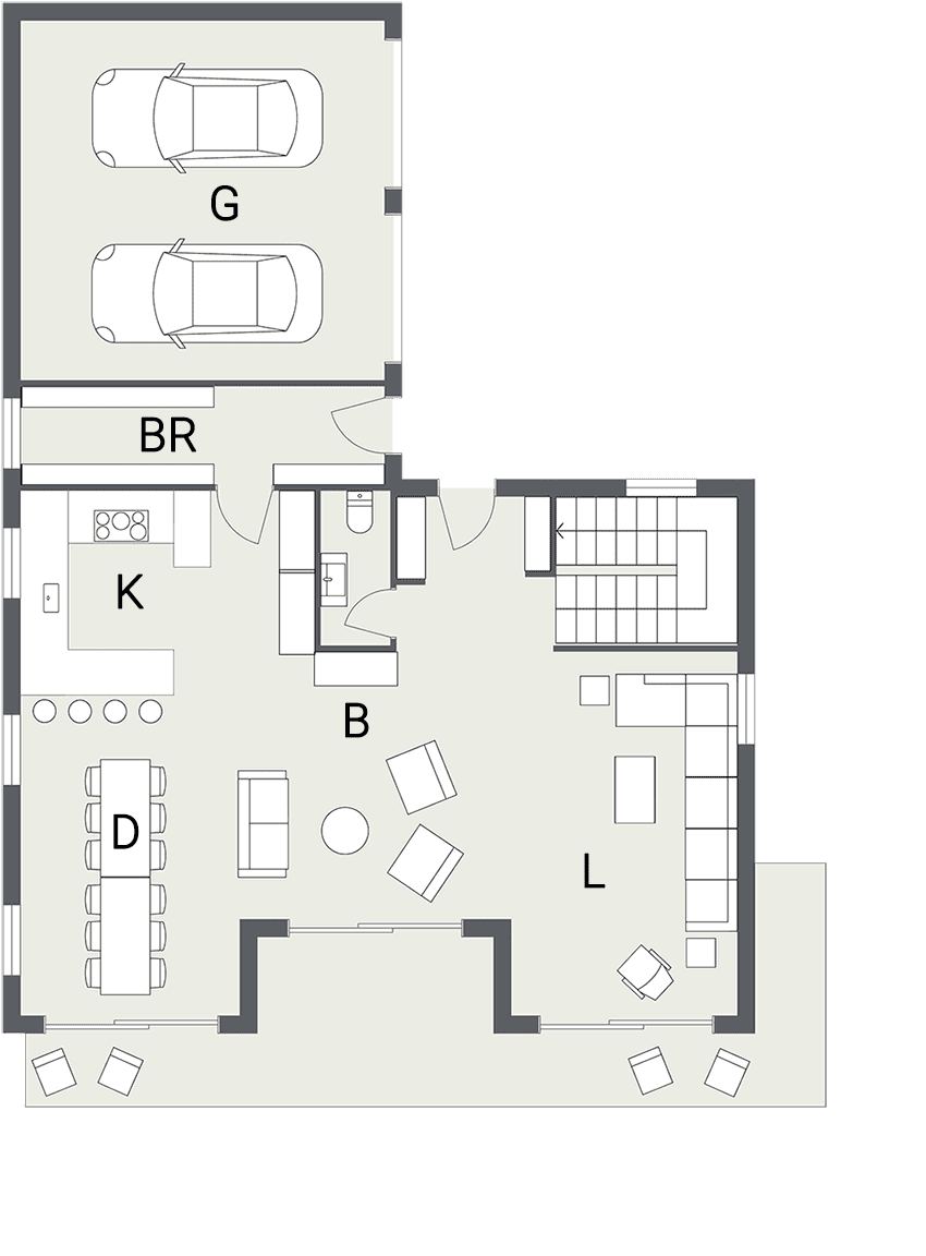 Ground floor plan: 2-car garage, kitchen, living, and dining for 10