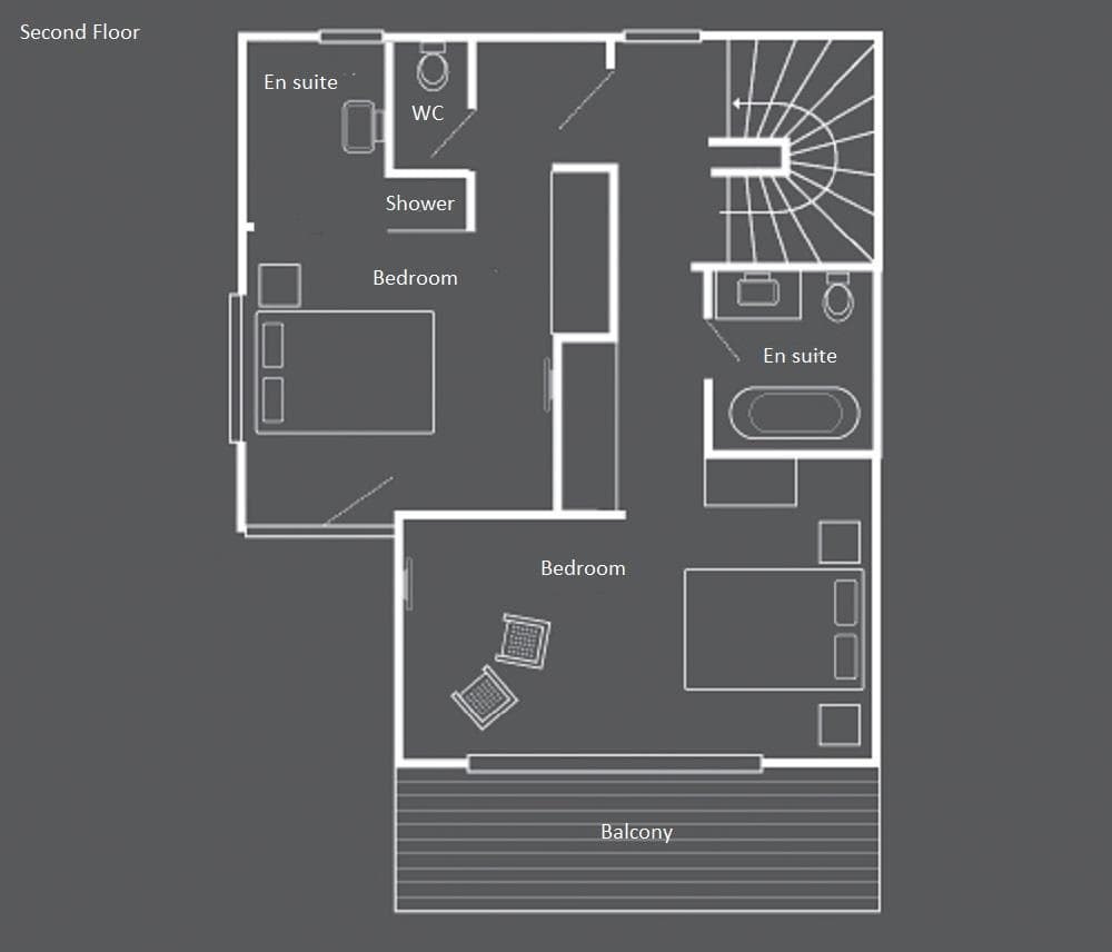Second floor layout featuring two bedrooms, each with private en suite bathroom