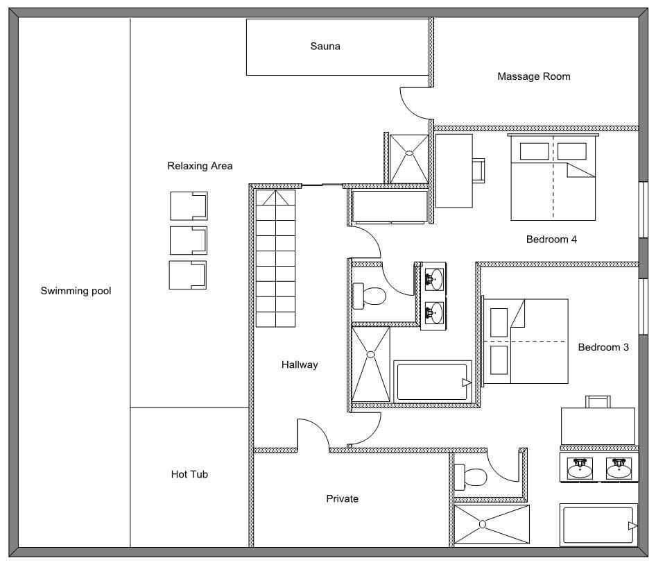 Lower level plan: swimming pool, hot tub, sauna, and two guest bedrooms
