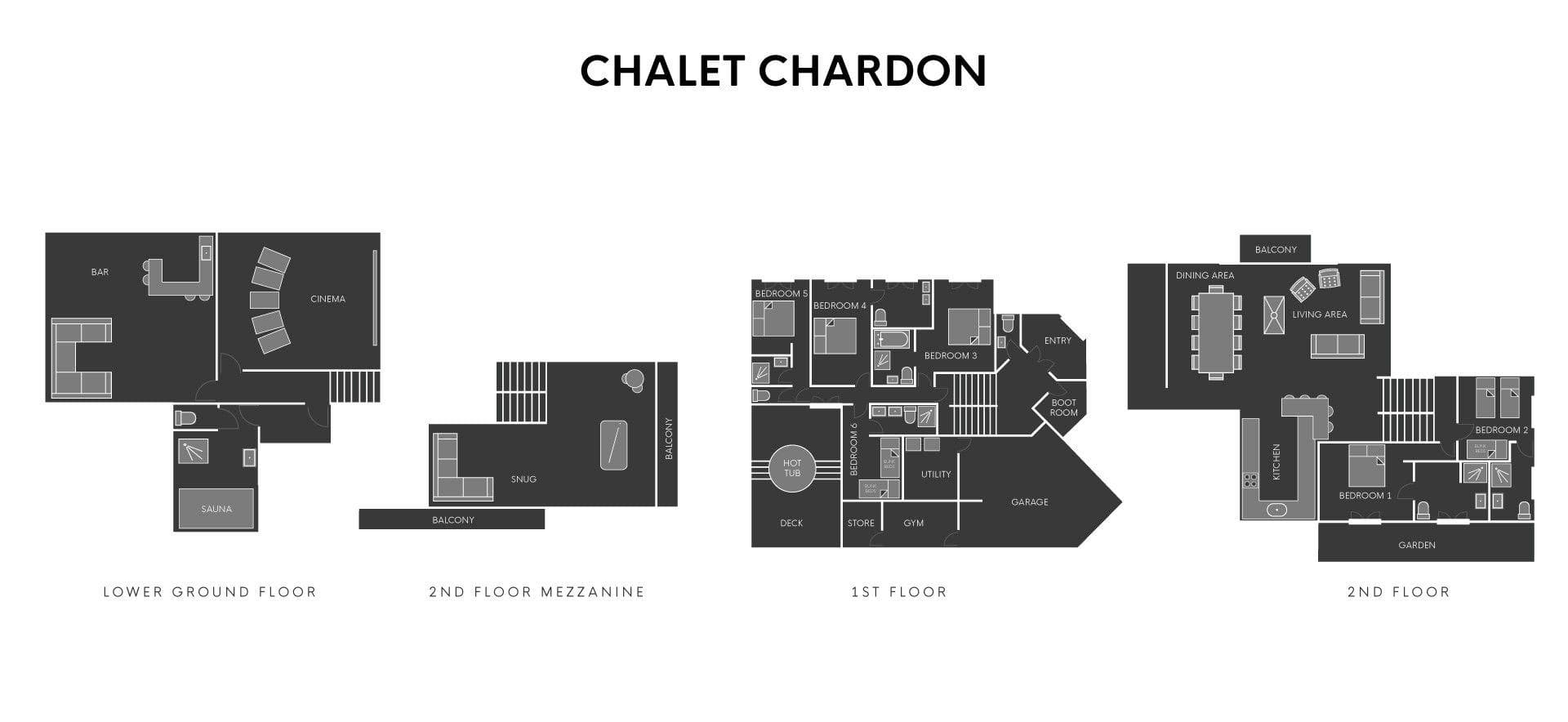 Multi-level floor plan featuring 6 bedrooms, cinema room, and sauna