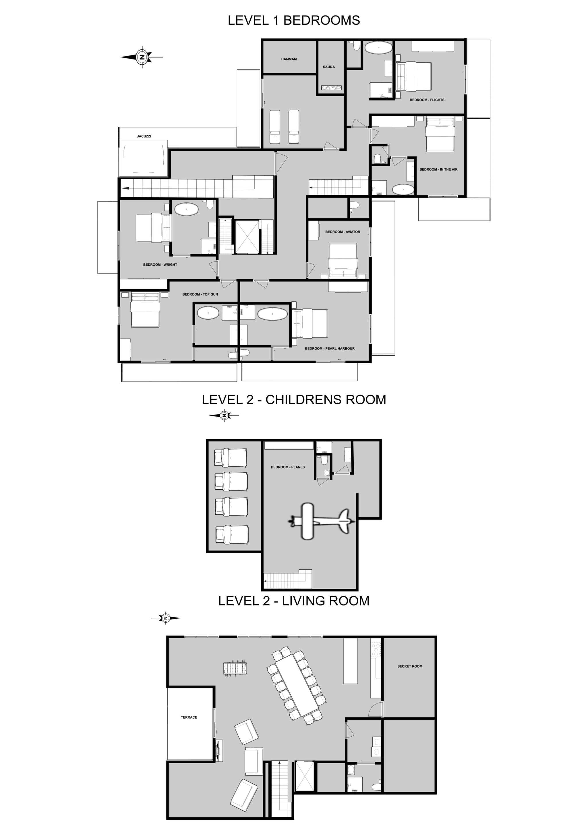 Floor plans: six themed bedrooms, hammam, children's bunk room, and living area with secret room
