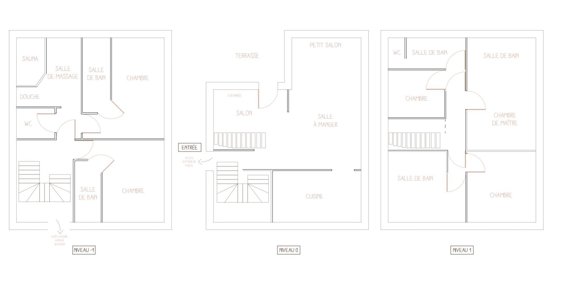 Three-level floor plan: lower level wellness, ground floor living, and upper bedrooms