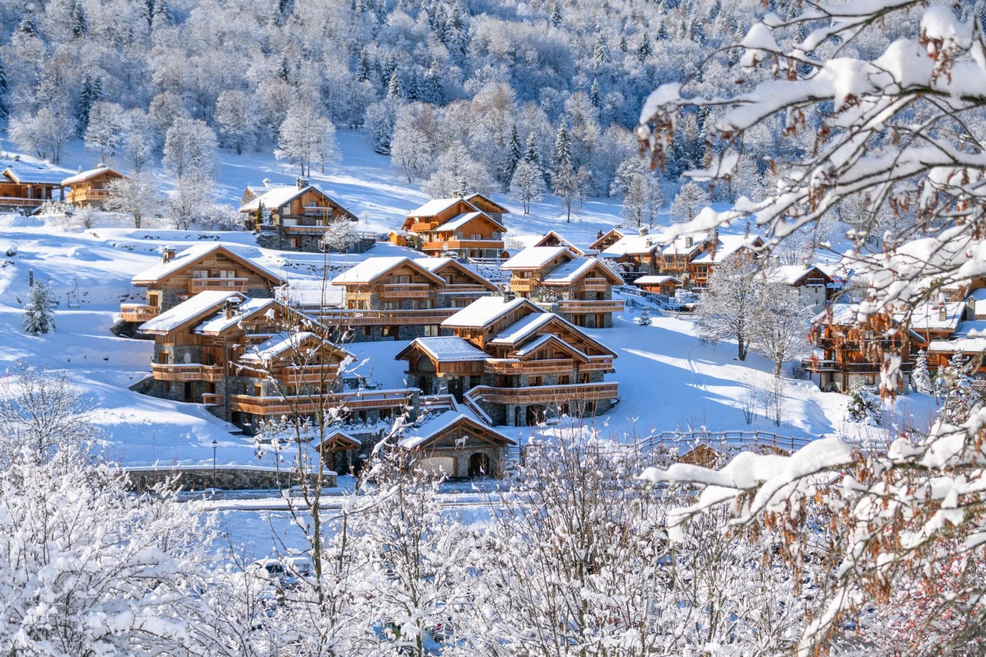 Ski-in/ski-out chalet village with direct access to wooded mountain slopes
