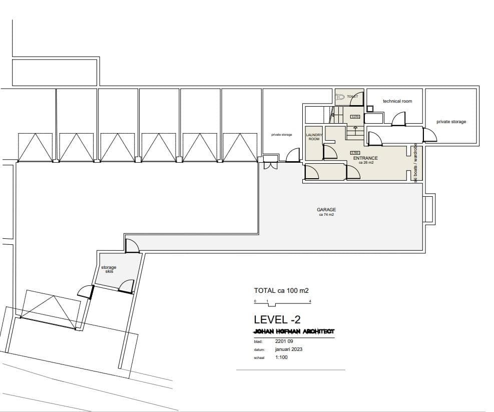 Level -2 floor plan: 74m2 garage, laundry, entrance, and ski storage area