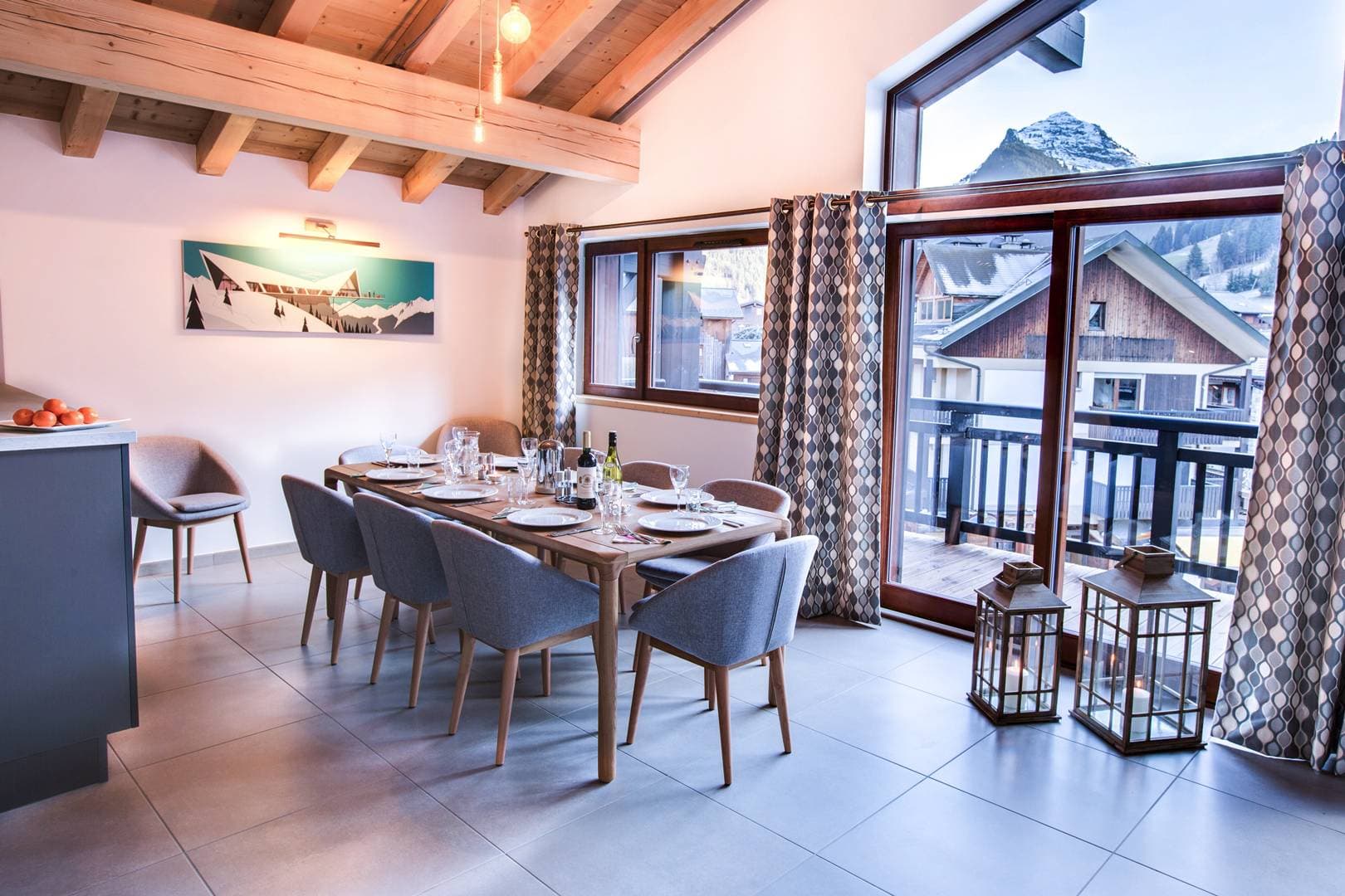 Dining area seats 8; mountain views and balcony access