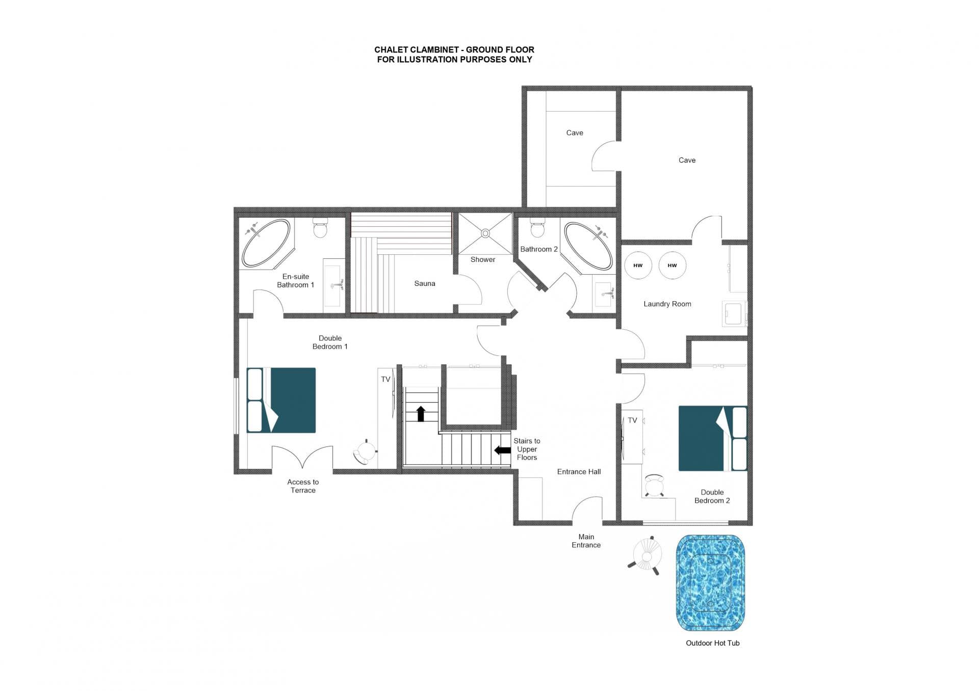 Ground floor plan: two bedrooms, laundry, sauna, and terrace with outdoor hot tub