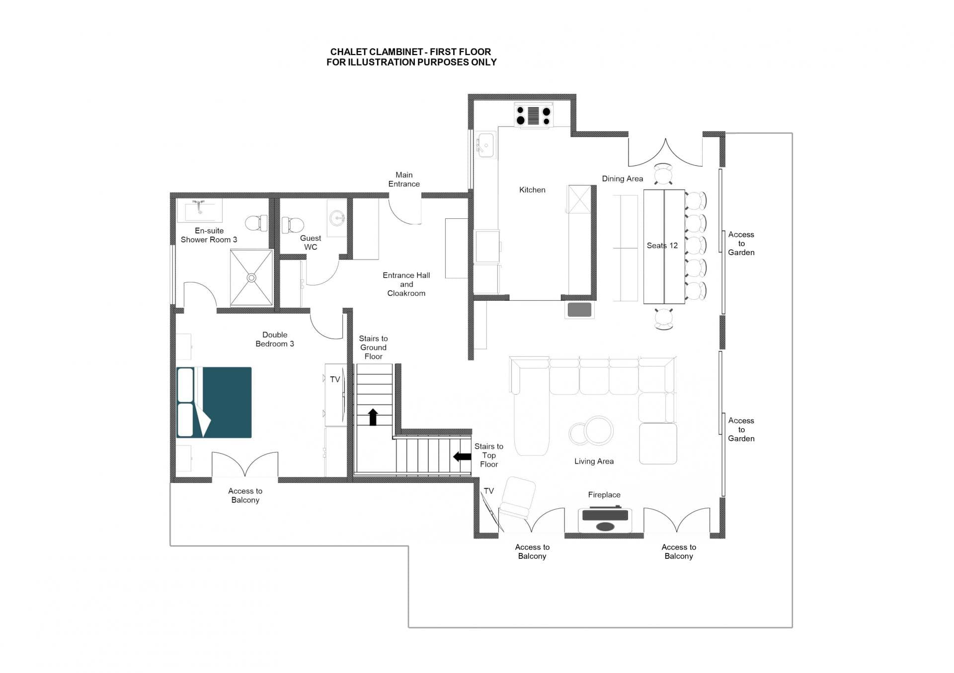 First floor layout: open-plan living and kitchen, bedroom with en-suite, and dining seats 12