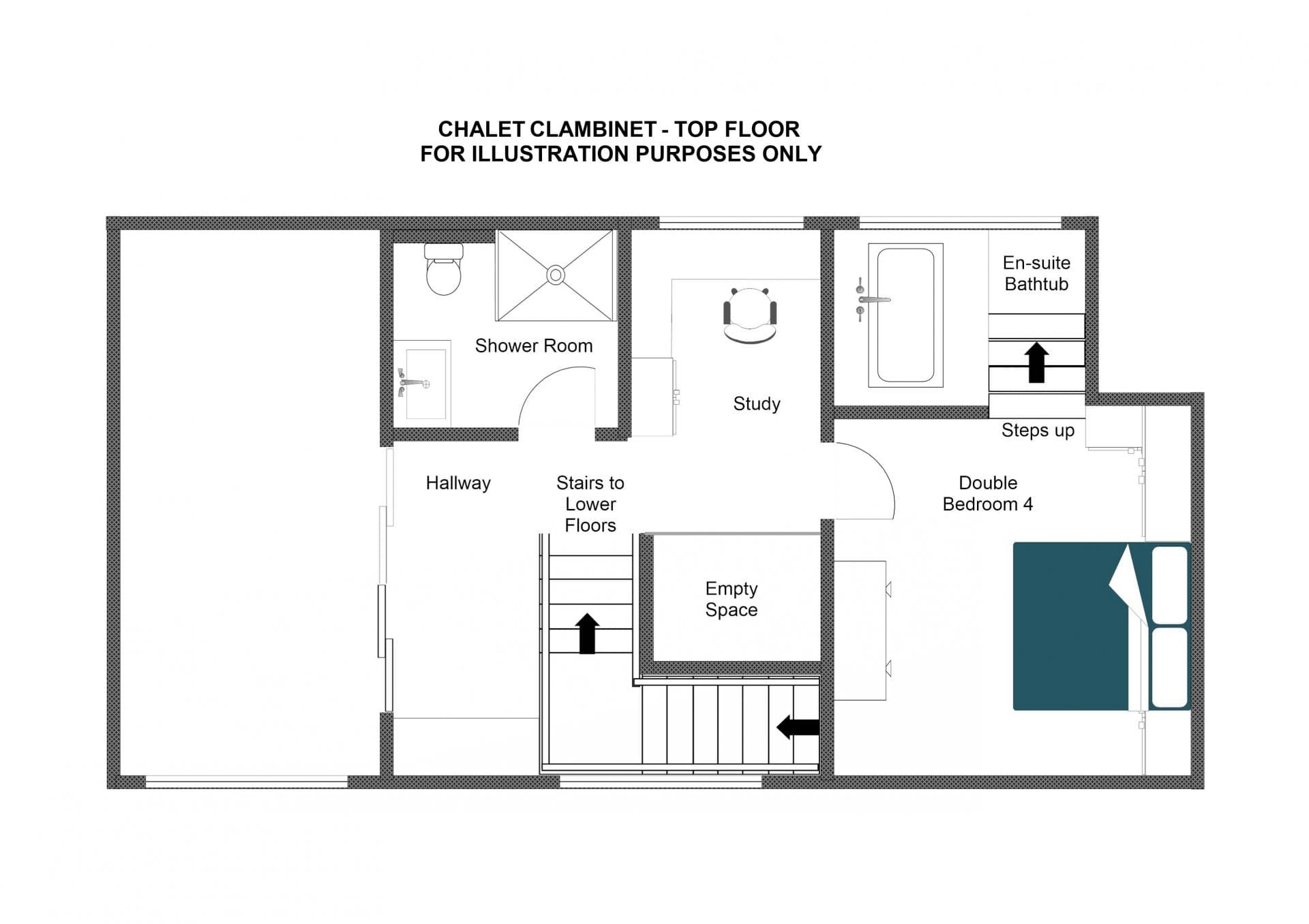 Top floor layout: double bedroom with ensuite bathtub, shower room, and study area