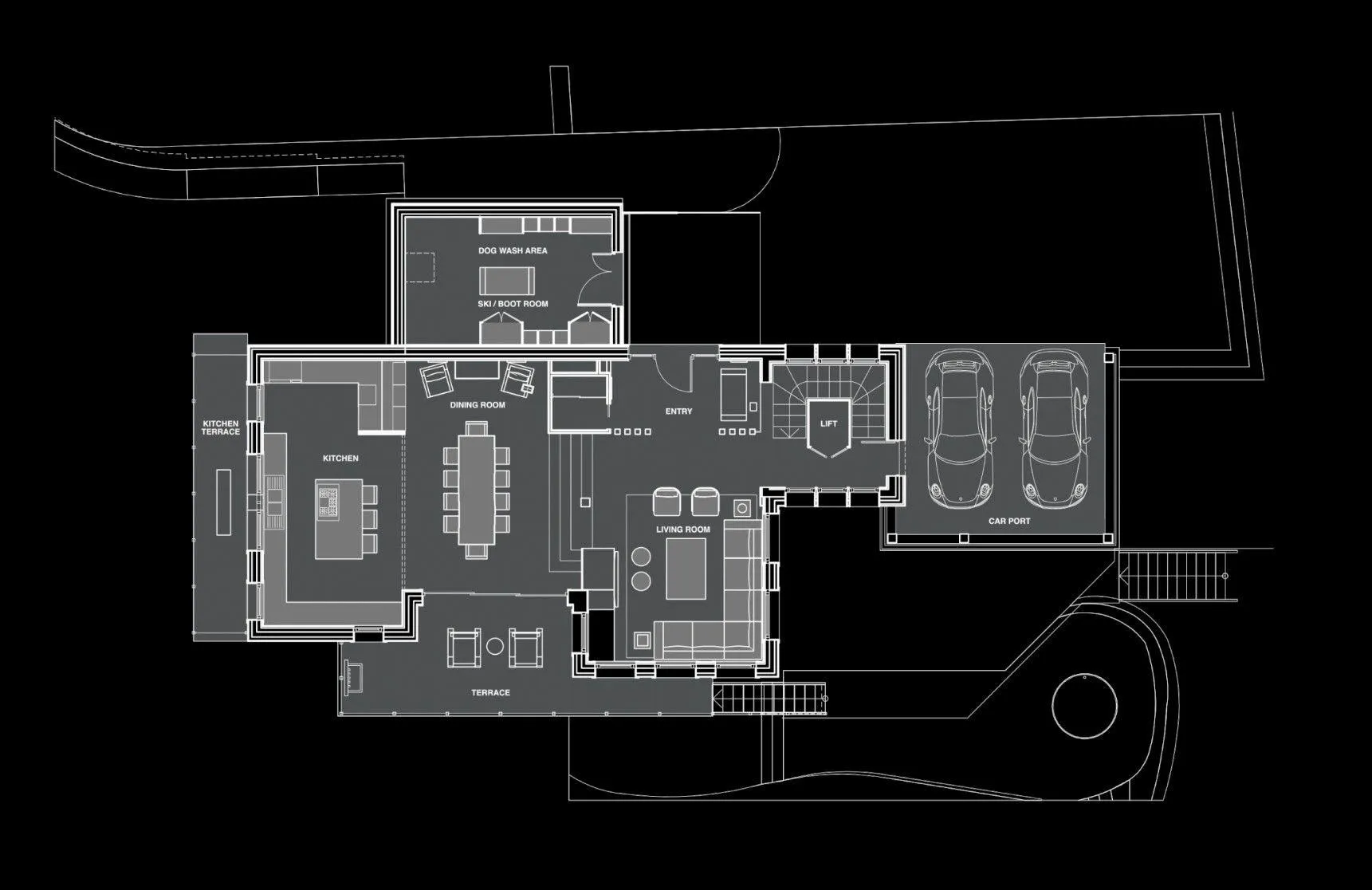 Top-level floor plan with kitchen, living and dining areas, carport and dog-wash area