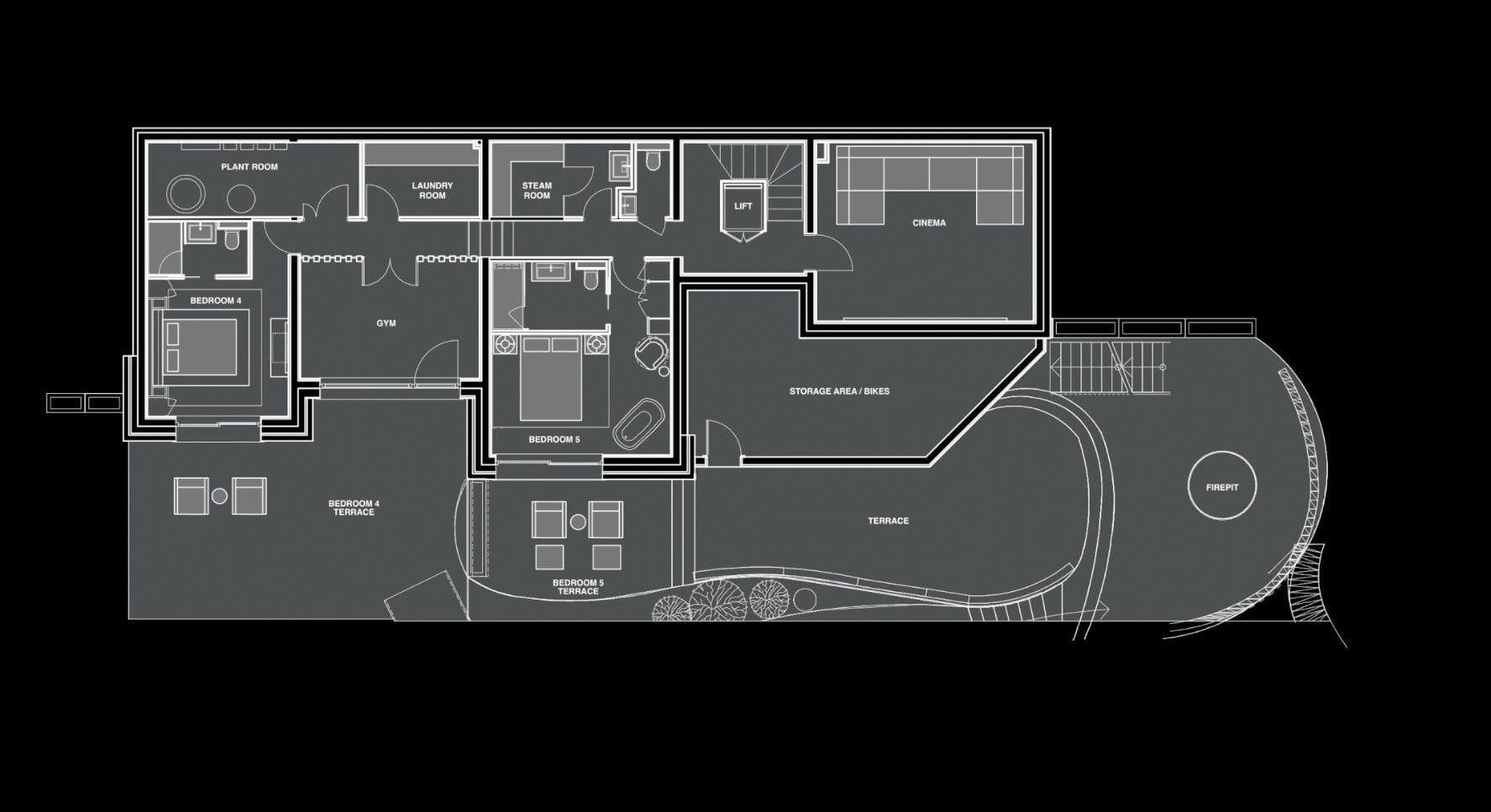 Lower level floor plan: cinema, gym, steam room, and terrace with firepit