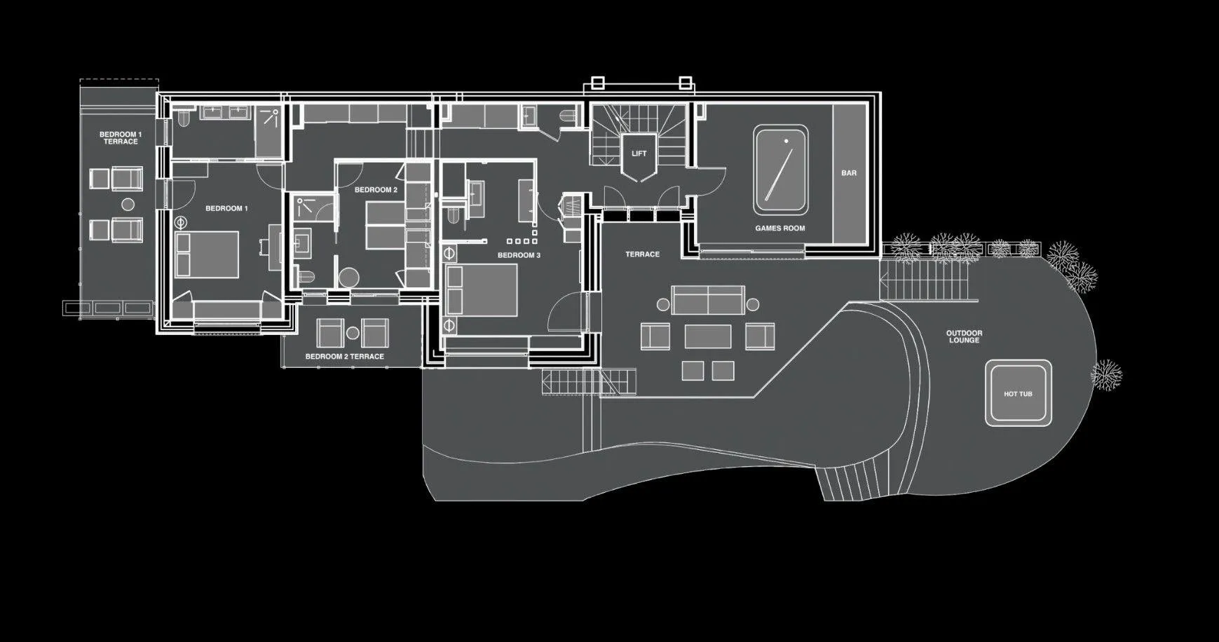 Middle-level floor plan with three bedrooms, games room, bar, lift and outdoor hot tub