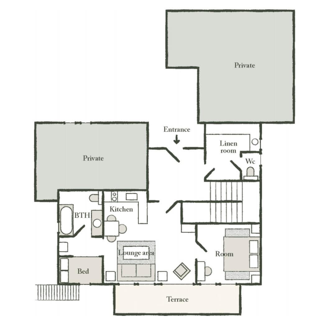 Floor plan: two bedrooms, kitchen, lounge, terrace, and private storage areas