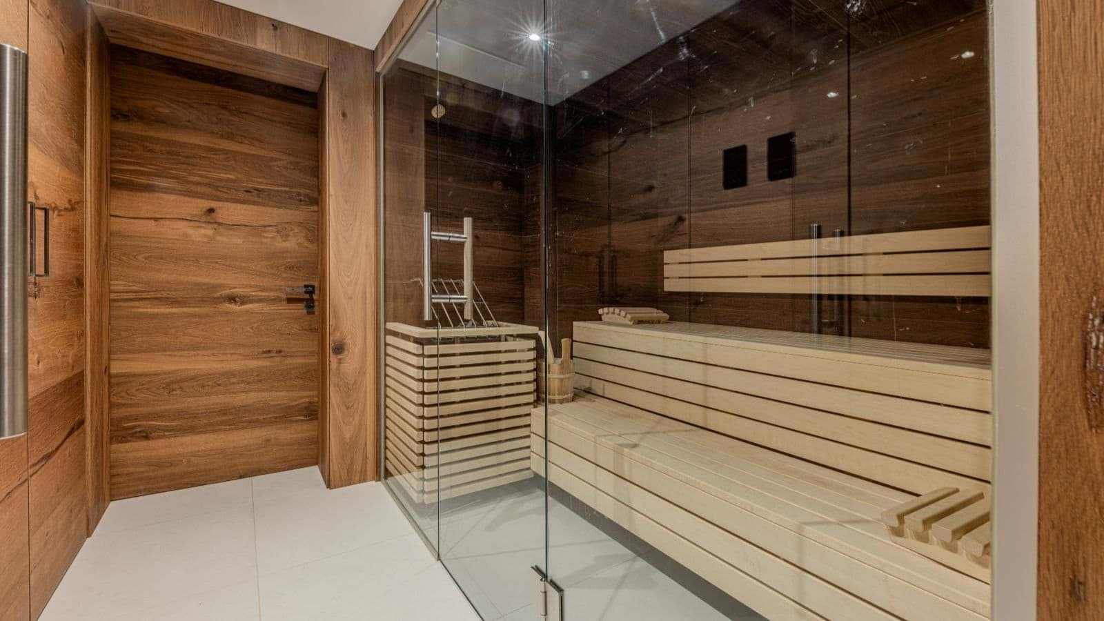 Sauna with two-tiered seating and glass enclosure