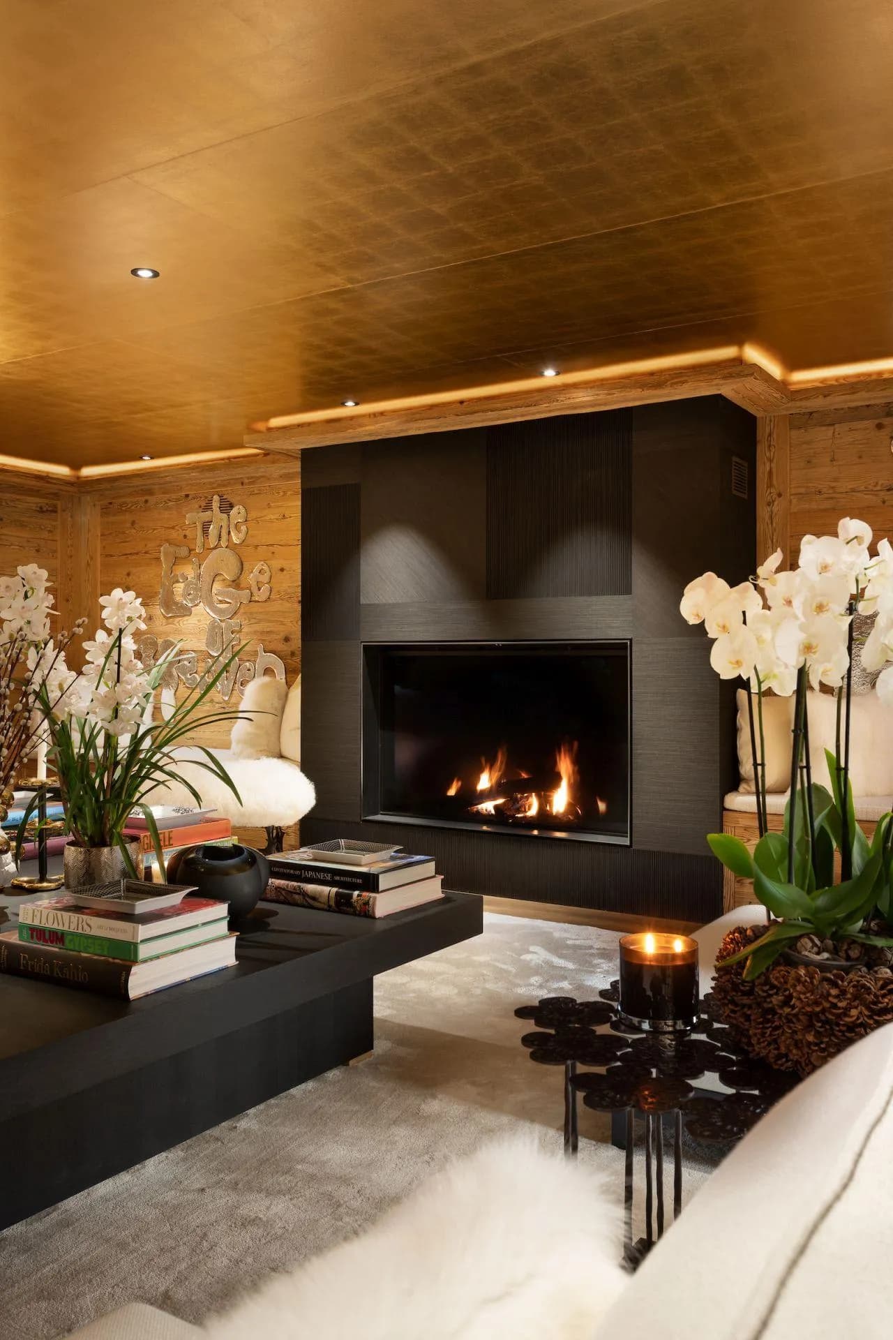 Living area with wood-burning fireplace and gold leaf ceiling detail