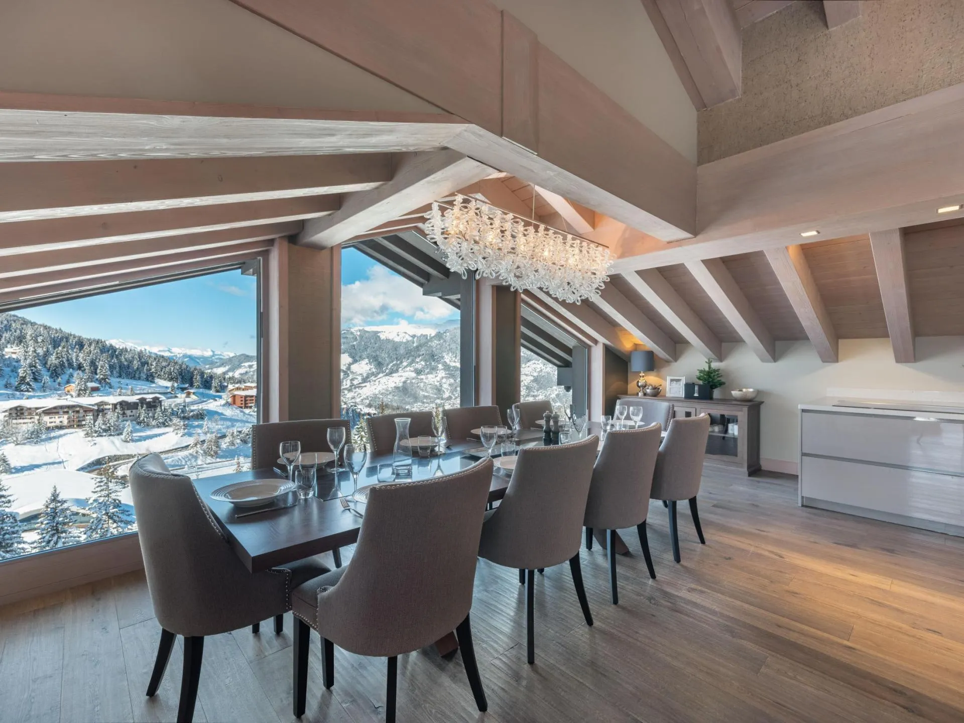 Dining area for 10 guests with mountain views