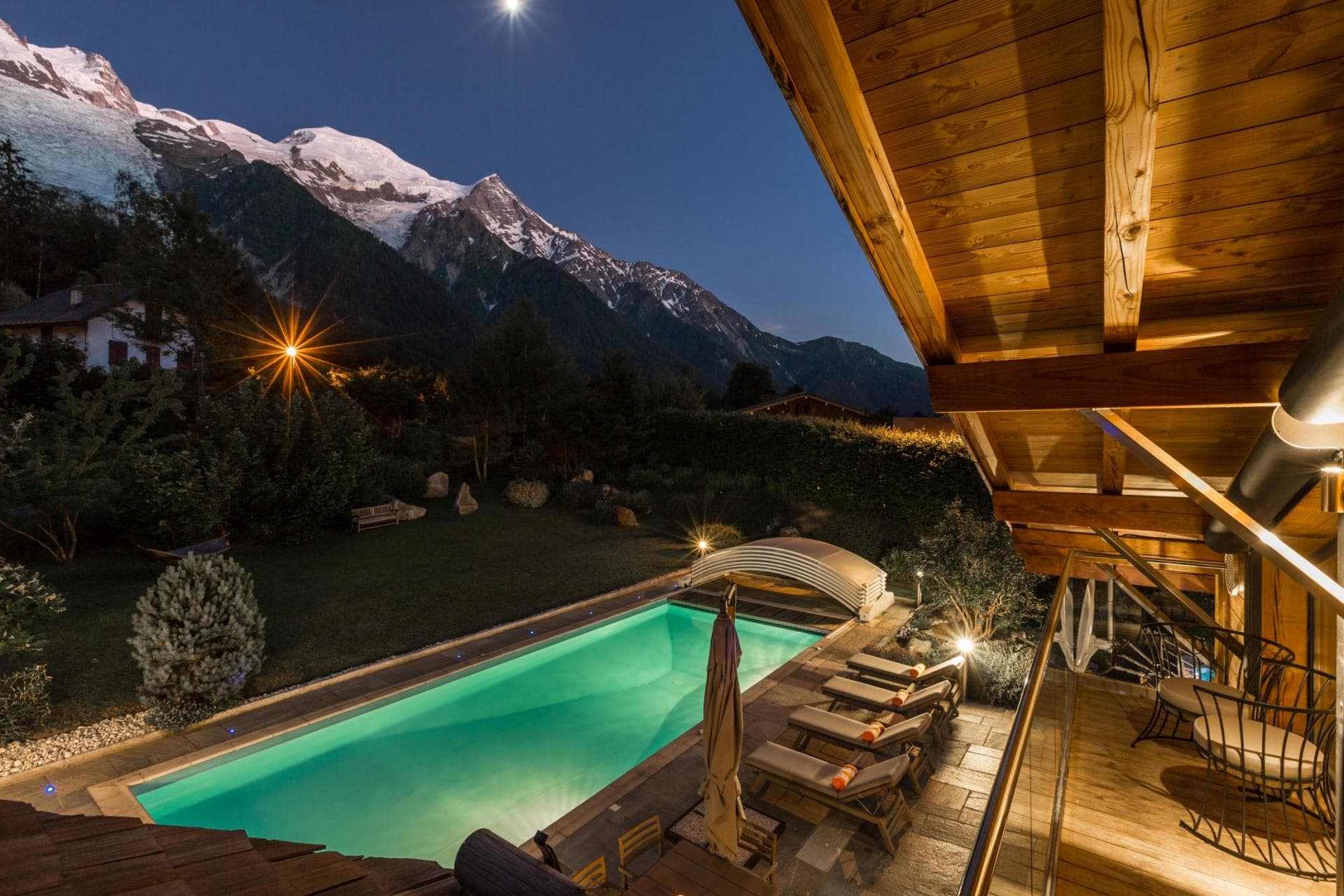 Heated outdoor pool and terrace with Mont Blanc glacier views