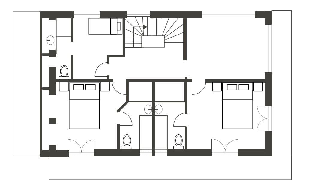Upper floor plan: three bedrooms, two en suite bathrooms, and wrap-around balcony