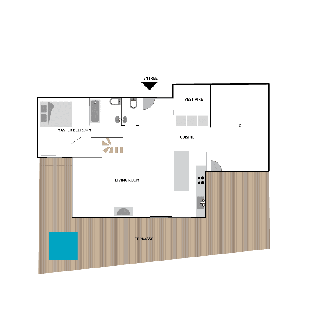 Main level plan: ensuite master bedroom, open-plan kitchen, and terrace with hot tub