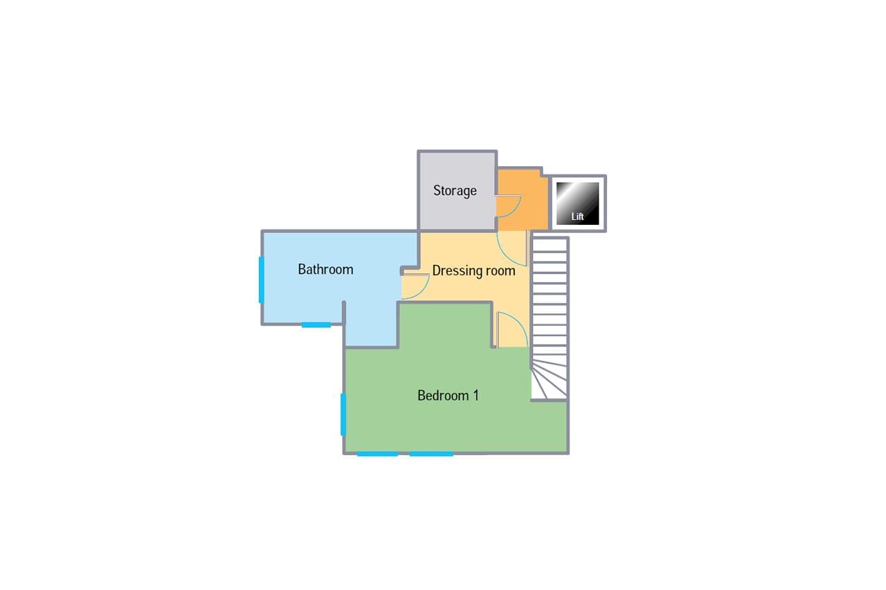 Floor plan: primary bedroom with dressing room, ensuite bathroom, and lift access