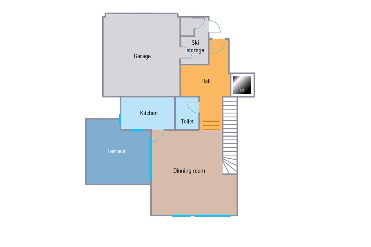 Ground floor layout: garage, ski storage, kitchen, dining room, and terrace