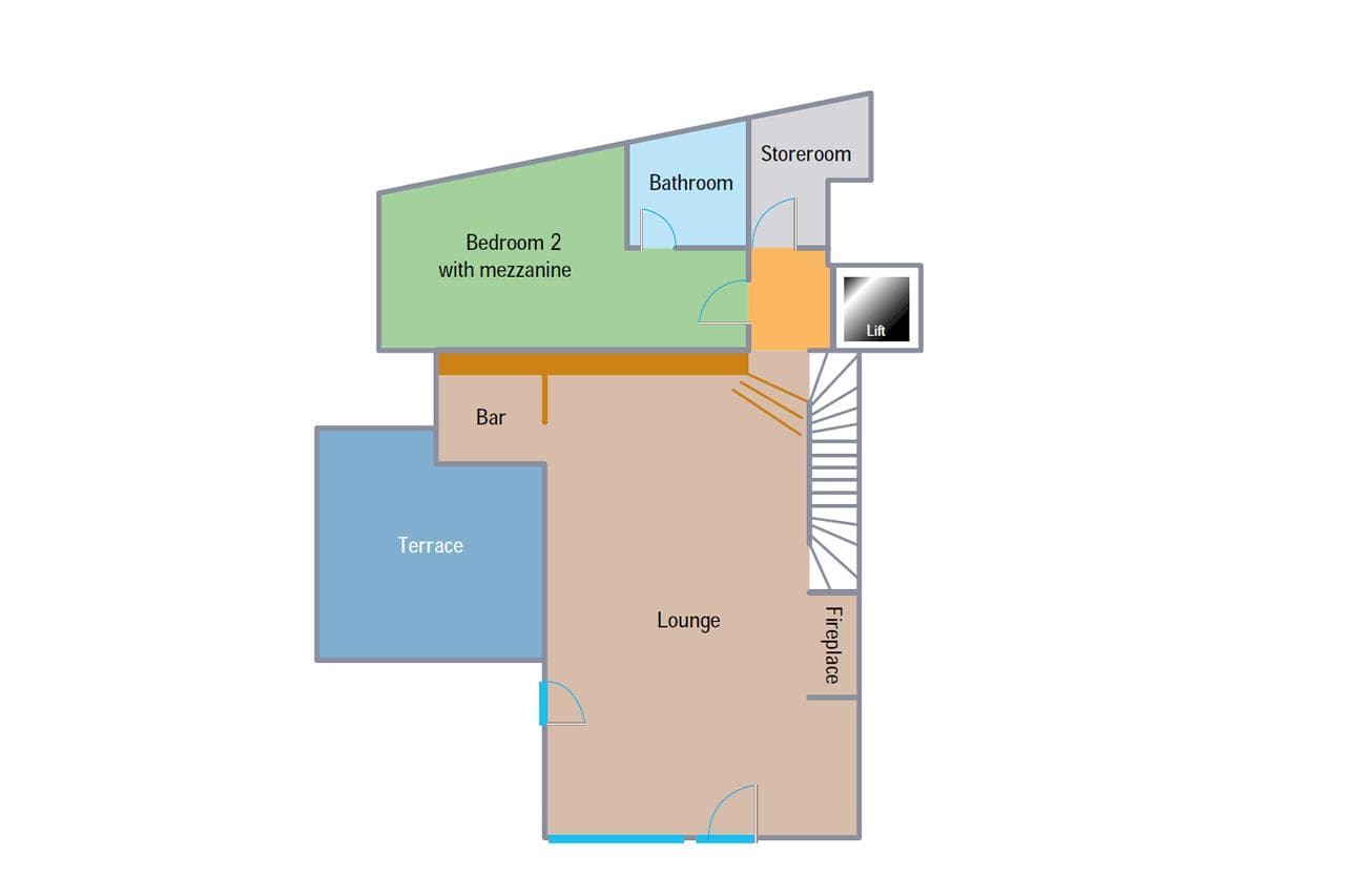 Floor plan: lounge with bar, terrace, bathroom, and bedroom with mezzanine