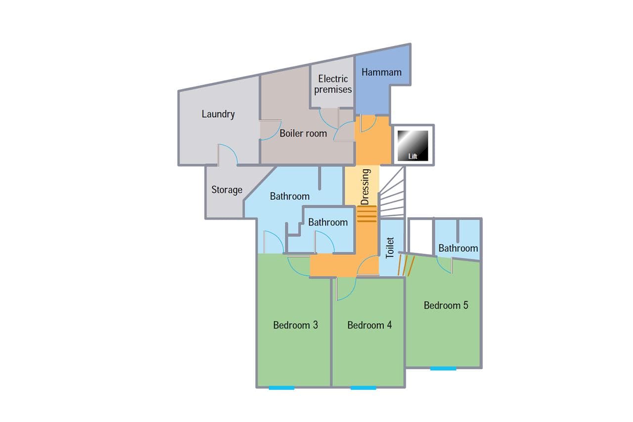 Lower floor plan: three bedrooms, hammam, laundry, and lift access
