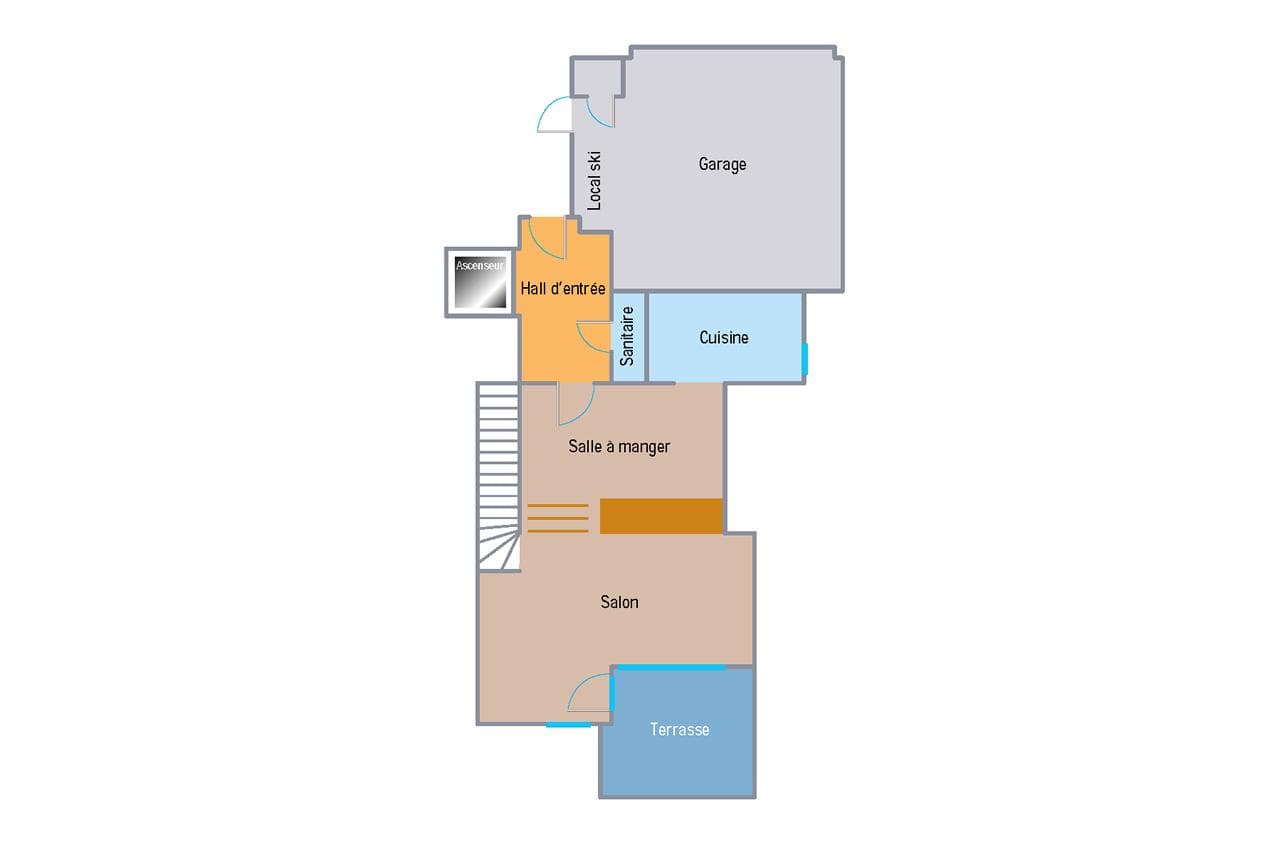 Ground floor layout: garage, ski storage, kitchen, dining, living area, and terrace