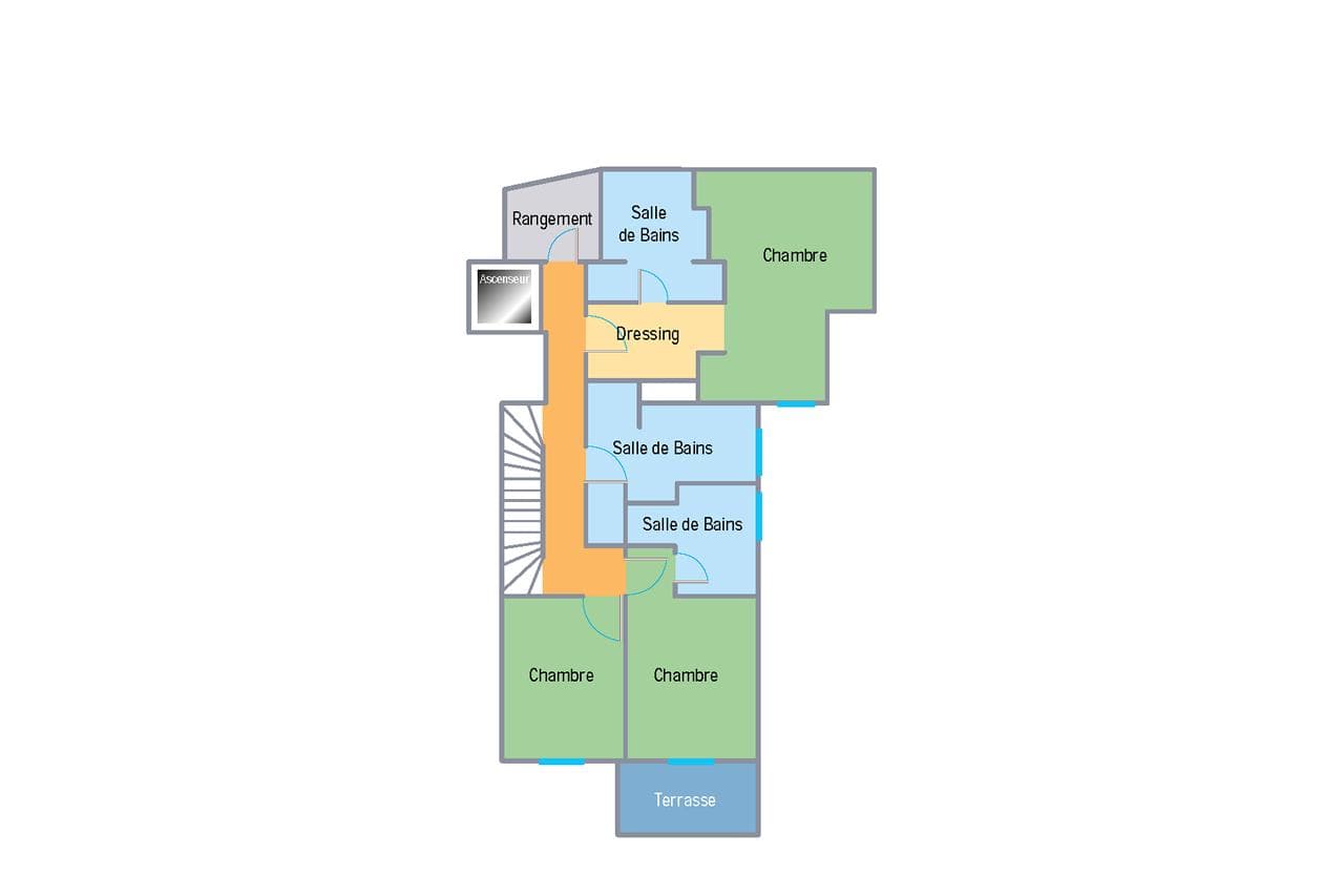 Floor plan: three bedrooms, three bathrooms, dressing room, terrace, and elevator access