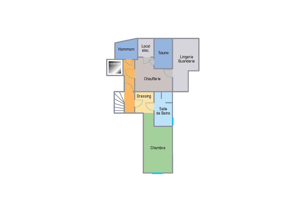 Lower level floor plan: bedroom, laundry, sauna, hammam, and elevator access