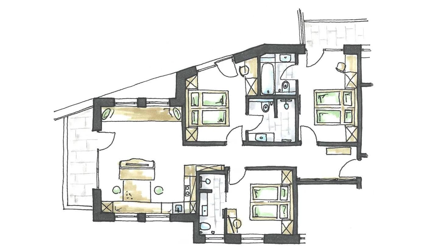 Floor plan: three bedrooms, two bathrooms, and living area with balcony access