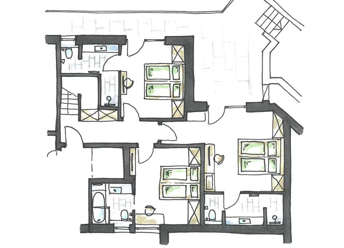 Lower level plan: three bedrooms, each with two beds and private bathroom